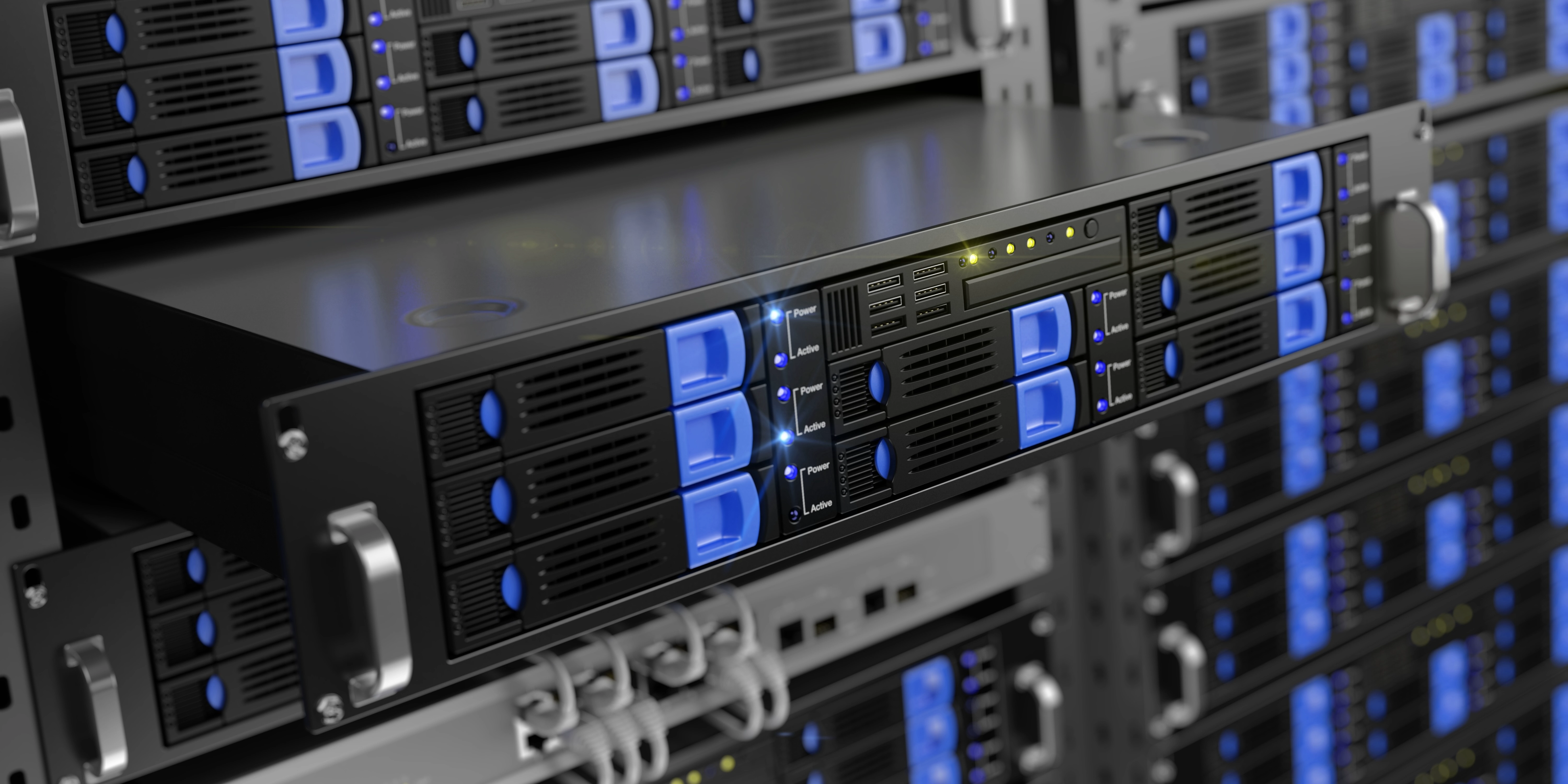A rackmount server somewhat pulled out from a rack containing many other similar servers