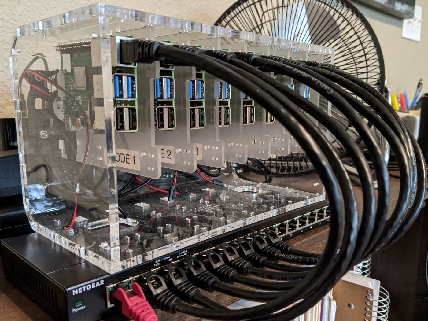 A photo of a cluster of raspberry pi SBCs